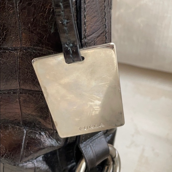 Furla black croc embossed leather shoulder bag - Picture 2 of 7